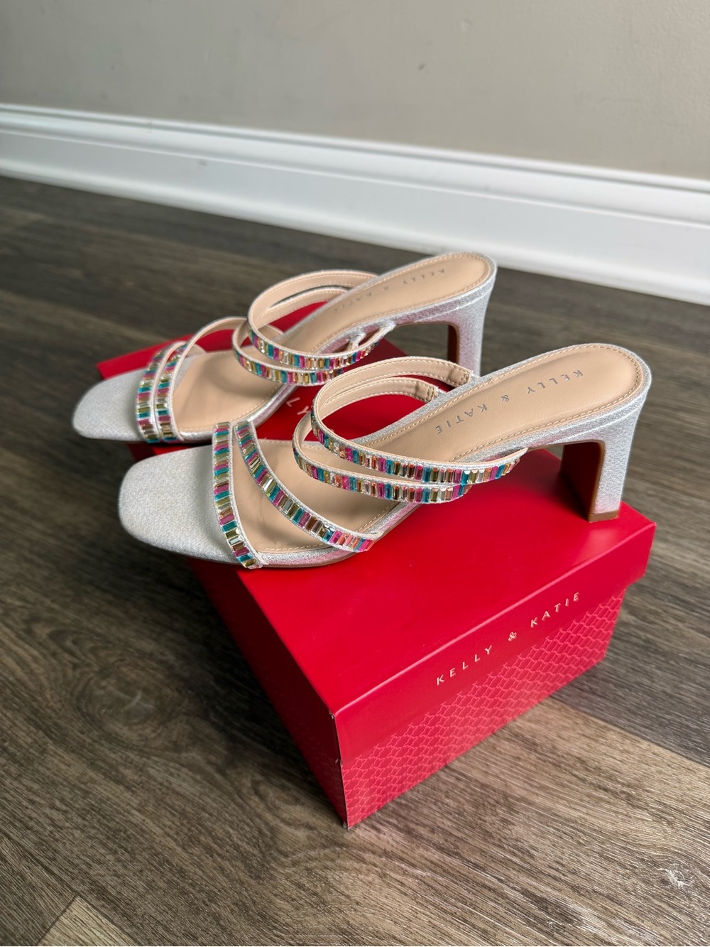 Kelly & Katie Silver Heeled Sandals with Multicolor Jeweled Straps
